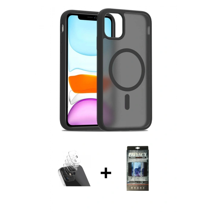 MARSİLYAN™- iPhone 11 Kılıf Siluet Minimal Prime - Siyah 34D Hayalet Izgaralı Cam + Kamera Lens Koruma Cam - SF