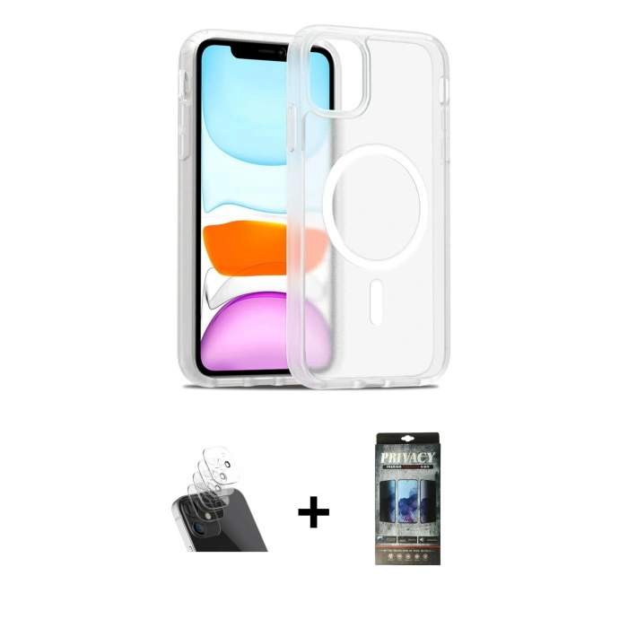 MARSİLYAN™- iPhone 11 Kılıf Siluet Minimal Prime - Siyah 34D Hayalet Izgaralı Cam + Kamera Lens Koruma Cam - SF