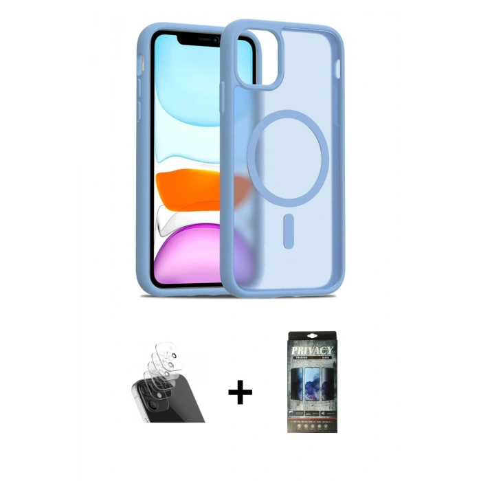 MARSİLYAN™- iPhone 11 Kılıf Siluet Minimal Prime - Siyah 34D Hayalet Izgaralı Cam + Kamera Lens Koruma Cam - SF
