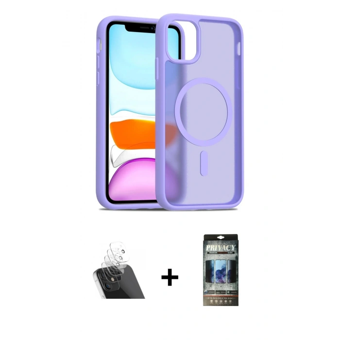 MARSİLYAN™- iPhone 11 Kılıf Siluet Minimal Prime - Siyah 34D Hayalet Izgaralı Cam + Kamera Lens Koruma Cam - SF