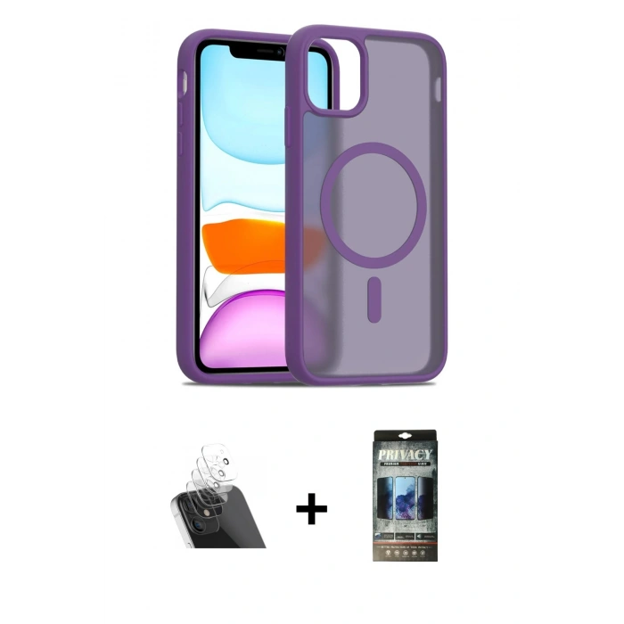 MARSİLYAN™- iPhone 11 Kılıf Siluet Minimal Prime - Siyah 34D Hayalet Izgaralı Cam + Kamera Lens Koruma Cam - SF