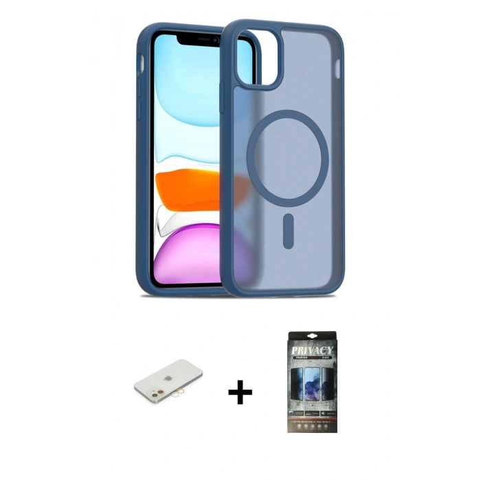 MARSİLYAN™- iPhone 11 Kılıf Siluet Minimal Prime - Siyah 34D Hayalet Izgaralı Cam + Renkli Kamera Lens Koruma Cam - TU