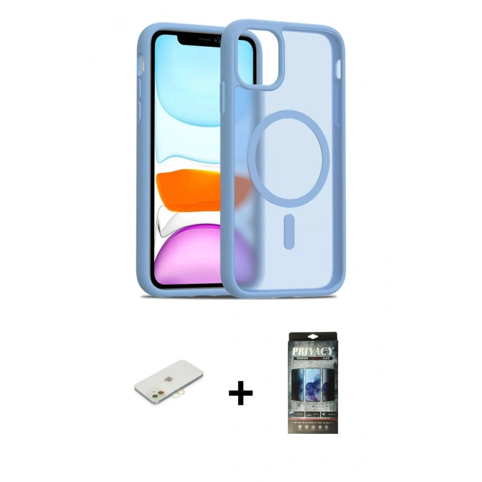 MARSİLYAN™- iPhone 11 Kılıf Siluet Minimal Prime - Siyah 34D Hayalet Izgaralı Cam + Renkli Kamera Lens Koruma Cam - TU
