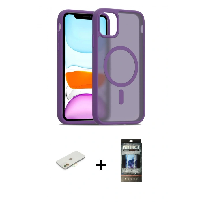 MARSİLYAN™- iPhone 11 Kılıf Siluet Minimal Prime - Siyah 34D Hayalet Izgaralı Cam + Renkli Kamera Lens Koruma Cam - TU
