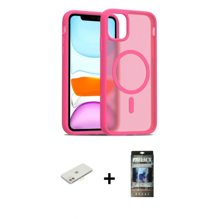 MARSİLYAN™- iPhone 11 Kılıf Siluet Minimal Prime - Siyah 34D Hayalet Izgaralı Cam + Renkli Kamera Lens Koruma Cam - TU