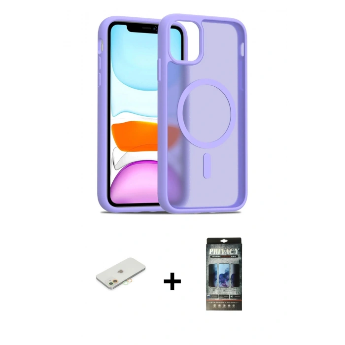 MARSİLYAN™- iPhone 11 Kılıf Siluet Minimal Prime - Siyah 34D Hayalet Izgaralı Cam + Renkli Kamera Lens Koruma Cam - TU