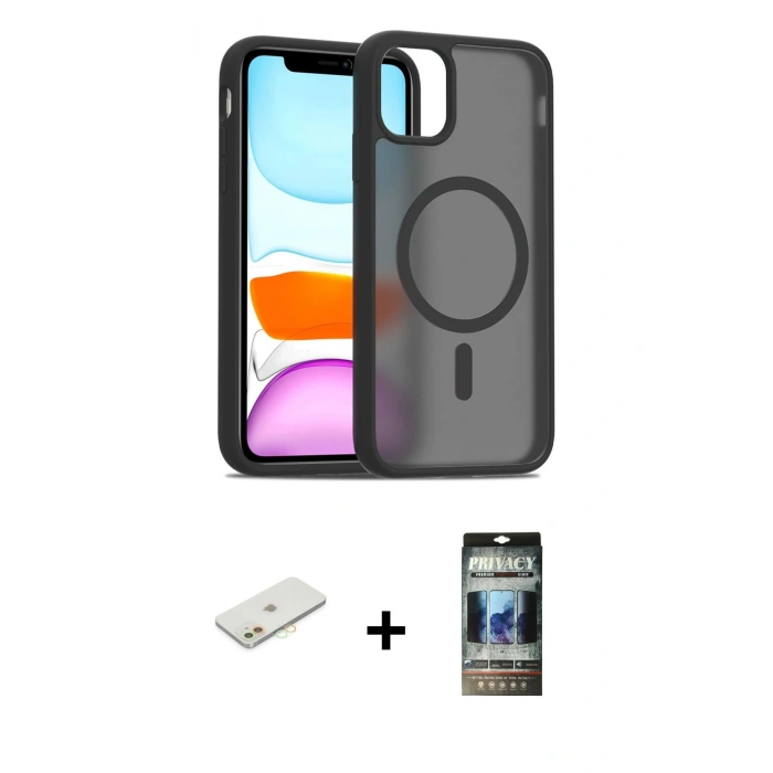 MARSİLYAN™- iPhone 11 Kılıf Siluet Minimal Prime - Siyah 34D Hayalet Izgaralı Cam + Renkli Kamera Lens Koruma Cam - TU