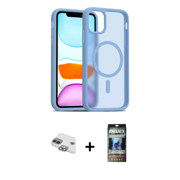 MARSİLYAN™- iPhone 11 Kılıf Siluet Minimal Prime - Siyah 34D Hayalet Izgaralı Cam + Pers Alüminyum Kamera Lens - YL