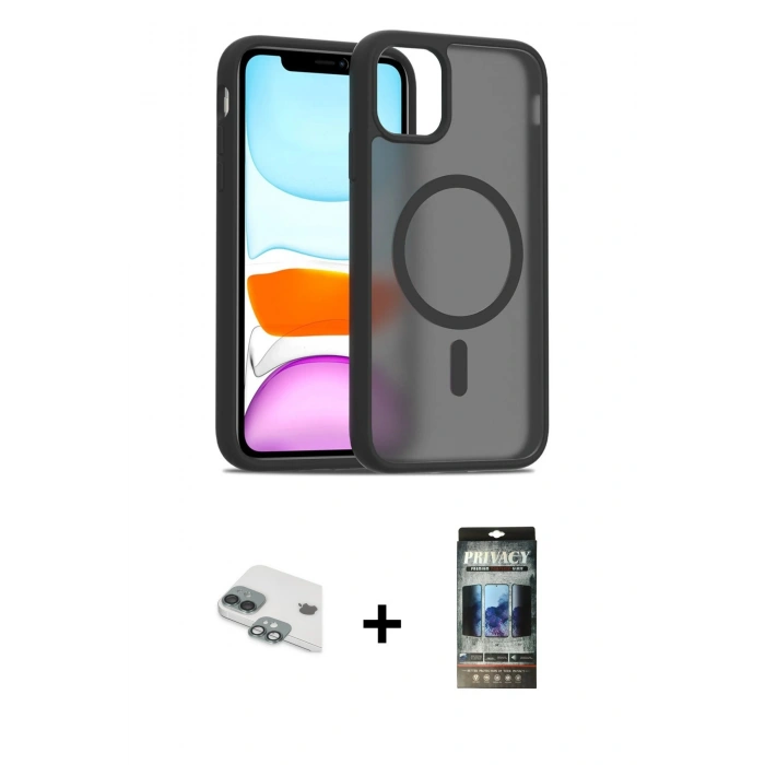 MARSİLYAN™- iPhone 11 Kılıf Siluet Minimal Prime - Siyah 34D Hayalet Izgaralı Cam + Pers Alüminyum Kamera Lens - YL
