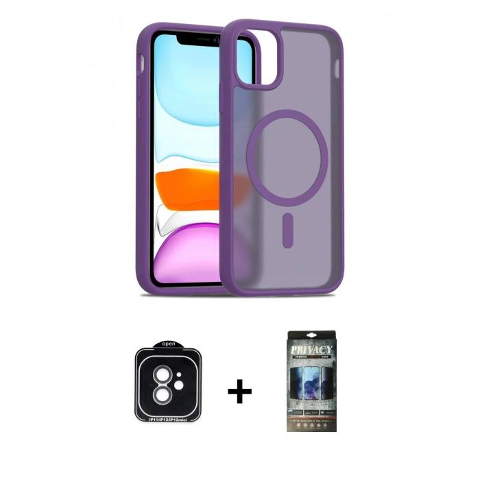 MARSİLYAN™- iPhone 11 Kılıf Siluet Minimal Prime - Siyah 34D Hayalet Izgaralı Cam + PVD Metal Kamera Lens - YL