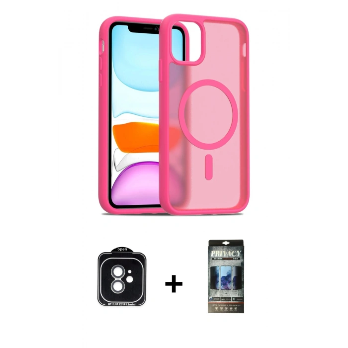 MARSİLYAN™- iPhone 11 Kılıf Siluet Minimal Prime - Siyah 34D Hayalet Izgaralı Cam + PVD Metal Kamera Lens - YL