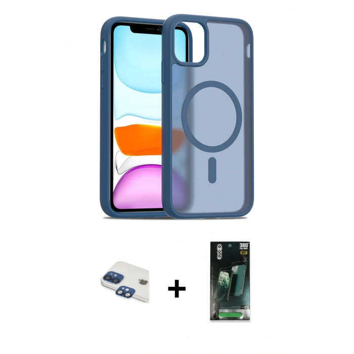 MARSİLYAN™- iPhone 11 Kılıf Siluet Minimal Prime - Siyah 360 Mat Full Body Arka Koruyucu + Pers Alüminyum Kamera Lens - LT