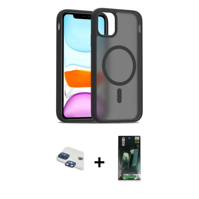 MARSİLYAN™- iPhone 11 Kılıf Siluet Minimal Prime - Siyah 360 Mat Full Body Arka Koruyucu + Pers Alüminyum Kamera Lens - LT