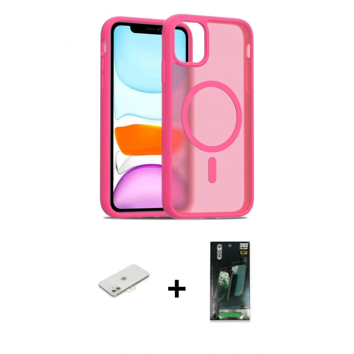 MARSİLYAN™- iPhone 11 Kılıf Siluet Minimal Prime - Siyah 360 Mat Full Body Arka Koruyucu + Renkli Kamera Lens Koruma Cam - TU