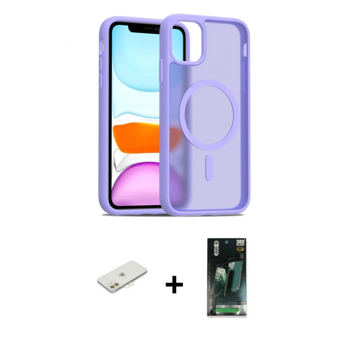MARSİLYAN™- iPhone 11 Kılıf Siluet Minimal Prime - Siyah 360 Mat Full Body Arka Koruyucu + Renkli Kamera Lens Koruma Cam - TU