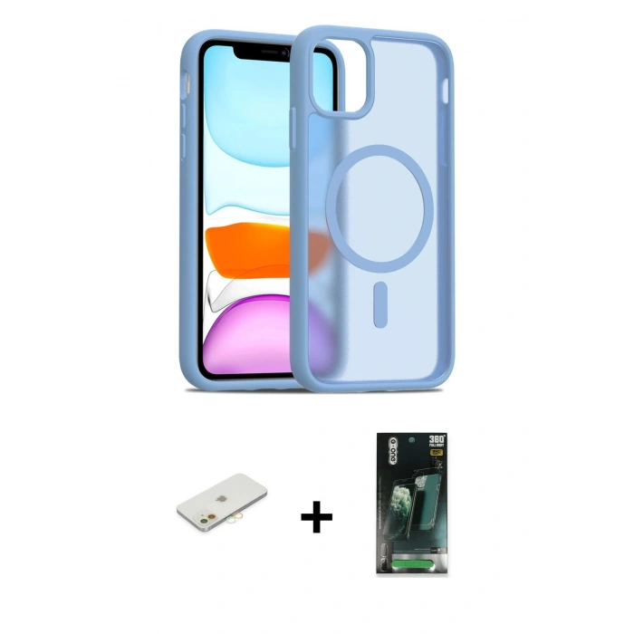 MARSİLYAN™- iPhone 11 Kılıf Siluet Minimal Prime - Siyah 360 Mat Full Body Arka Koruyucu + Renkli Kamera Lens Koruma Cam - TU