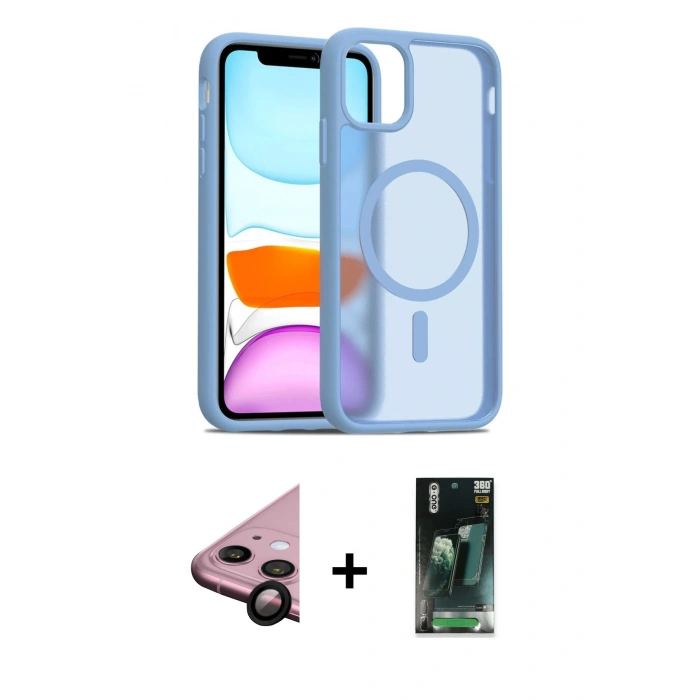 MARSİLYAN™- iPhone 11 Kılıf Siluet Minimal Prime - Siyah 360 Mat Full Body Arka Koruyucu + Raze Metal Kamera Lens - SH