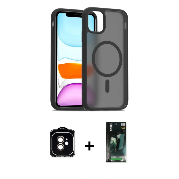 MARSİLYAN™- iPhone 11 Kılıf Siluet Minimal Prime - Siyah 360 Mat Full Body Arka Koruyucu + Turuncu PVD Metal Kamera Lens