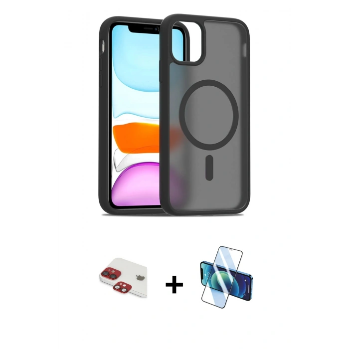 MARSİLYAN™- iPhone 11 Kılıf Siluet Minimal Prime - Siyah 3D Antistatik Cam Ekran Koruyucu + Pers Alüminyum Kamera Lens - KI