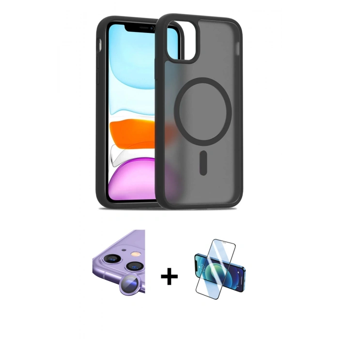 MARSİLYAN™- iPhone 11 Kılıf Siluet Minimal Prime - Siyah 3D Antistatik Cam Ekran Koruyucu + Raze Metal Kamera Lens - MR
