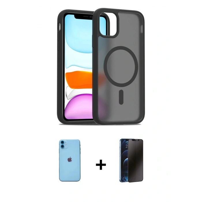 MARSİLYAN™- iPhone 11 Kılıf Siluet Minimal Prime - Siyah 3D Antistatik Hayalet Cam Ekran Koruyucu + Neon Fosforlu Kamera Lens - MI