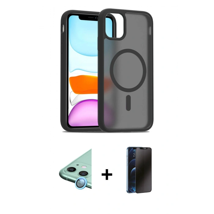MARSİLYAN™- iPhone 11 Kılıf Siluet Minimal Prime - Siyah 3D Antistatik Hayalet Cam Ekran Koruyucu + Raze Metal Kamera Lens - MI