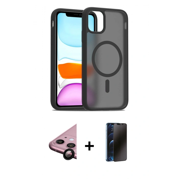 MARSİLYAN™- iPhone 11 Kılıf Siluet Minimal Prime - Siyah 3D Antistatik Hayalet Cam Ekran Koruyucu + Siyah Raze Metal Kamera Lens
