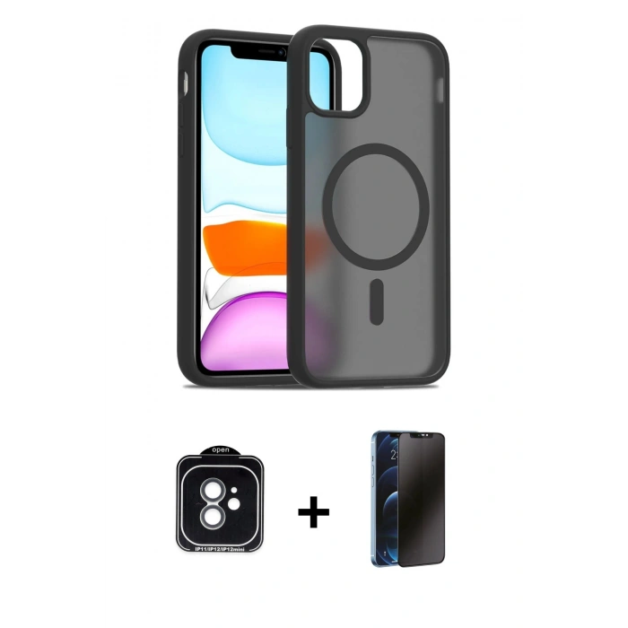 MARSİLYAN™- iPhone 11 Kılıf Siluet Minimal Prime - Siyah 3D Antistatik Hayalet Cam Ekran Koruyucu + PVD Metal Kamera Lens - YL