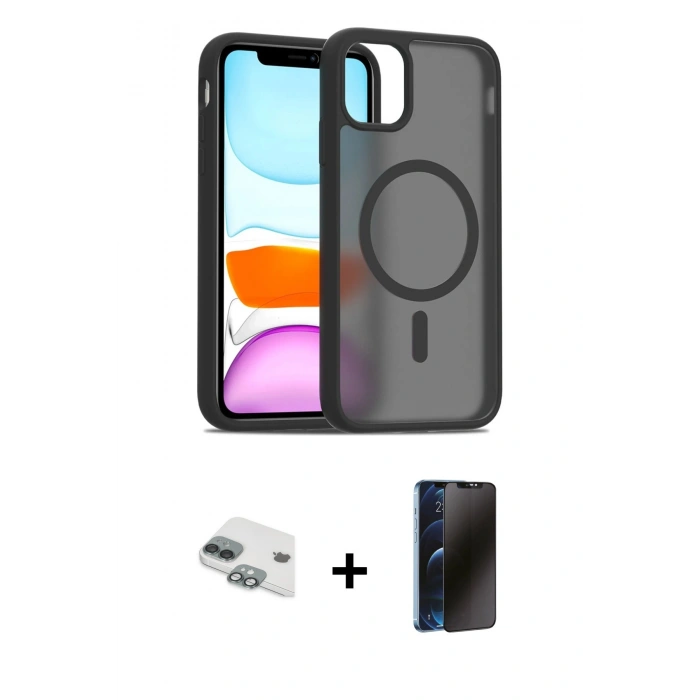 MARSİLYAN™- iPhone 11 Kılıf Siluet Minimal Prime - Siyah 3D Antistatik Hayalet Cam Ekran Koruyucu + Pers Alüminyum Kamera Lens - YL