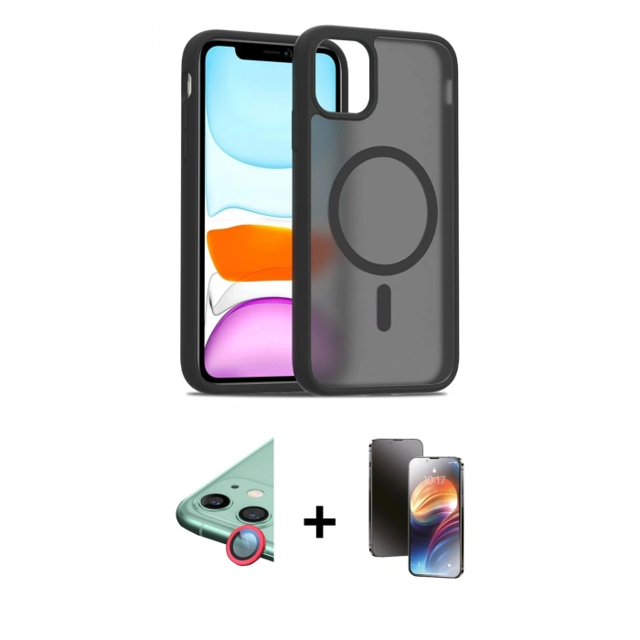 MARSİLYAN™- iPhone 11 Kılıf Siluet Minimal Prime - Siyah 3D Antistatik Mat Seramik Nano Ekran Koruyucu + Raze Metal Kamera Lens - KI