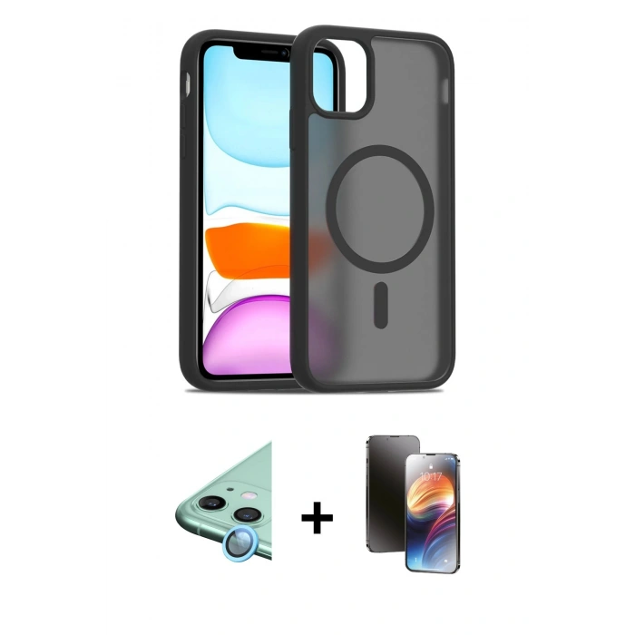 MARSİLYAN™- iPhone 11 Kılıf Siluet Minimal Prime - Siyah 3D Antistatik Mat Seramik Nano Ekran Koruyucu + Raze Metal Kamera Lens - MI