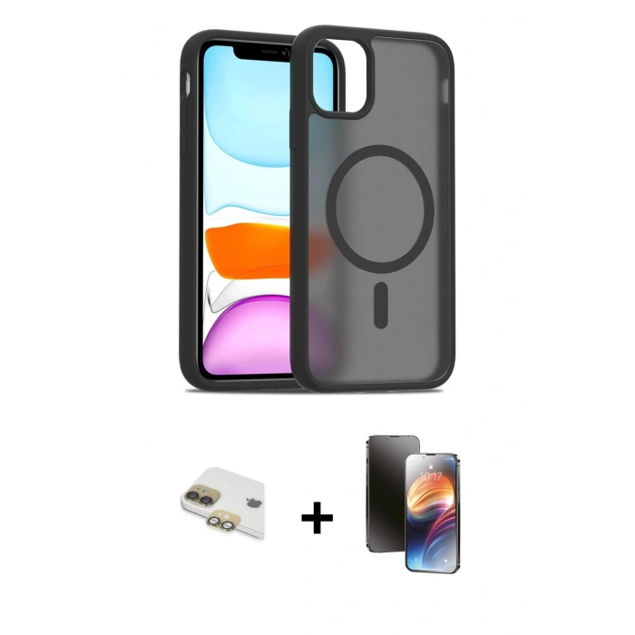 MARSİLYAN™- iPhone 11 Kılıf Siluet Minimal Prime - Siyah 3D Antistatik Mat Seramik Nano Ekran Koruyucu + Pers Alüminyum Kamera Lens - GD