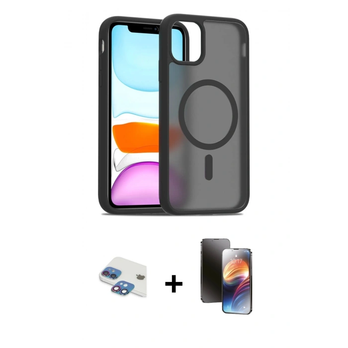 MARSİLYAN™- iPhone 11 Kılıf Siluet Minimal Prime - Siyah 3D Antistatik Mat Seramik Nano Ekran Koruyucu + Pers Alüminyum Kamera Lens - GI