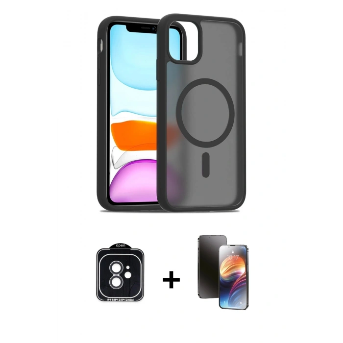 MARSİLYAN™- iPhone 11 Kılıf Siluet Minimal Prime - Siyah 3D Antistatik Mat Seramik Nano Ekran Koruyucu + PVD Metal Kamera Lens - SH