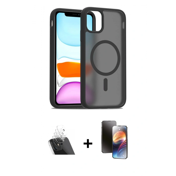 MARSİLYAN™- iPhone 11 Kılıf Siluet Minimal Prime - Siyah 3D Antistatik Mat Seramik Nano Ekran Koruyucu + Şeffaf Kamera Lens Koruma Cam