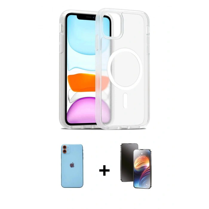 MARSİLYAN™- iPhone 11 Kılıf Siluet Minimal Prime - Siyah 3D Antistatik Mat Seramik Nano Ekran Koruyucu + Turuncu Neon Fosforlu Kamera Lens