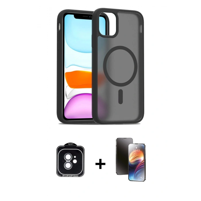 MARSİLYAN™- iPhone 11 Kılıf Siluet Minimal Prime - Siyah 3D Antistatik Mat Seramik Nano Ekran Koruyucu + Yeşil PVD Metal Kamera Lens