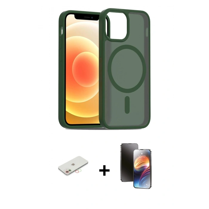 MARSİLYAN™- iPhone 11 Kılıf Siluet Minimal Prime - Siyah 3D Antistatik Mat Seramik Nano Ekran Koruyucu + Yeşil Renkli Kamera Lens Koruma Cam