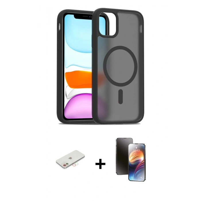MARSİLYAN™- iPhone 11 Kılıf Siluet Minimal Prime - Siyah 3D Antistatik Mat Seramik Nano Ekran Koruyucu + Yeşil Renkli Kamera Lens Koruma Cam