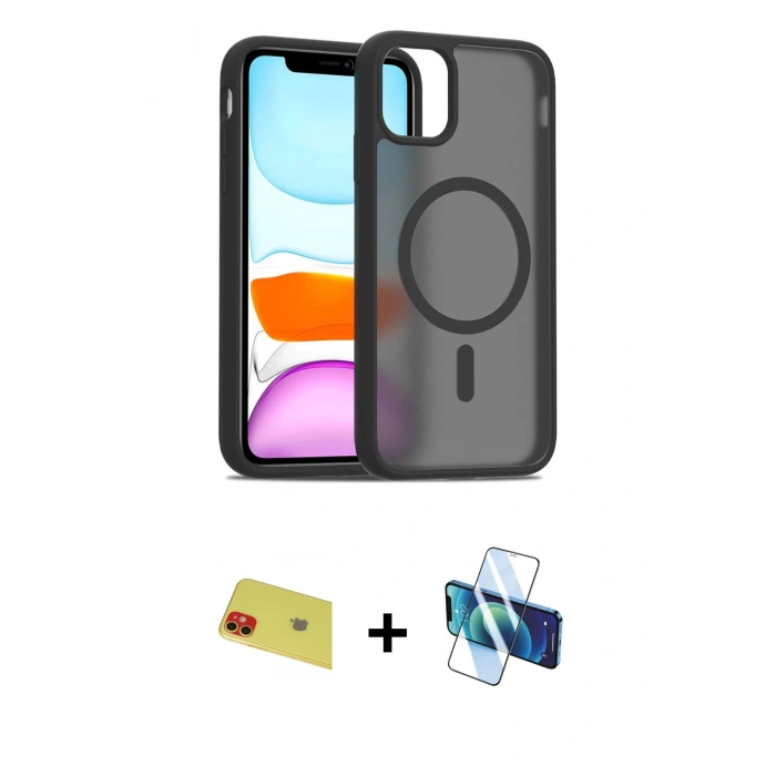 MARSİLYAN™- iPhone 11 Kılıf Siluet Minimal Prime - Siyah 3D Antistatik Seramik Nano Ekran Koruyucu + Rainbow Kamera Lens Koruma Cam - KI