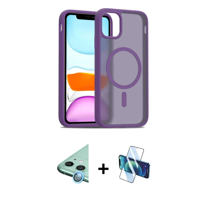 MARSİLYAN™- iPhone 11 Kılıf Siluet Minimal Prime - Siyah 3D Antistatik Seramik Nano Ekran Koruyucu + Mavi Raze Metal Kamera Lens