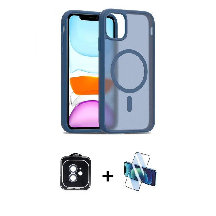 MARSİLYAN™- iPhone 11 Kılıf Siluet Minimal Prime - Siyah 3D Antistatik Seramik Nano Ekran Koruyucu + Mavi PVD Metal Kamera Lens