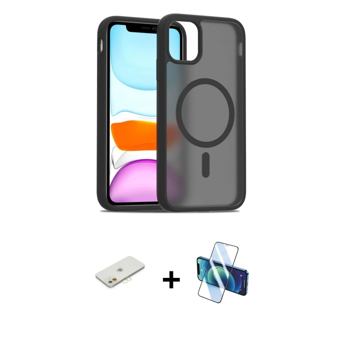 MARSİLYAN™- iPhone 11 Kılıf Siluet Minimal Prime - Siyah 3D Antistatik Seramik Nano Ekran Koruyucu + Renkli Kamera Lens Koruma Cam - TU