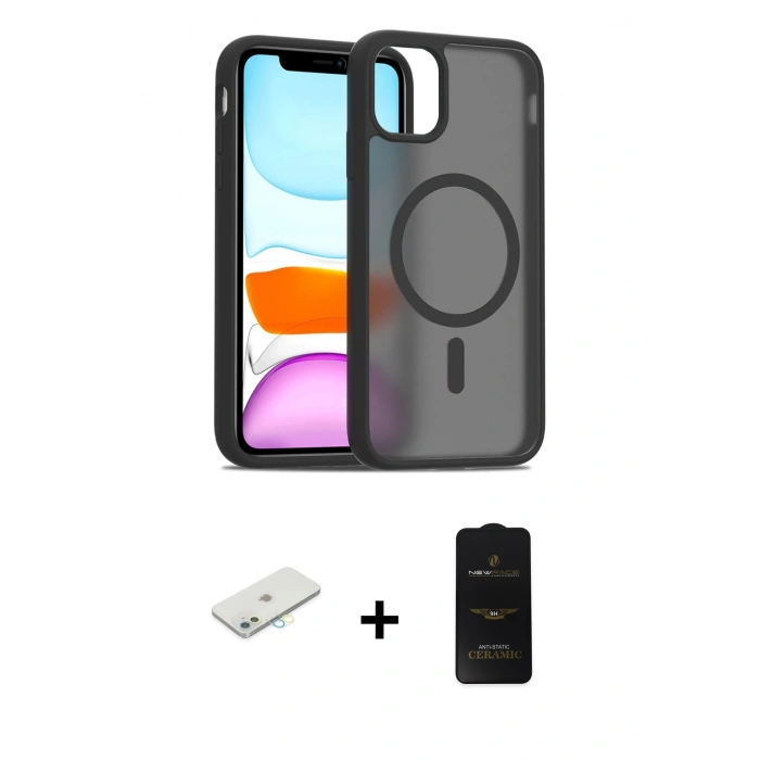 MARSİLYAN™- iPhone 11 Kılıf Siluet Minimal Prime - Siyah 6D Antistatik Mat Seramik Hayalet Nano Ekran Koruyucu + Renkli Kamera Lens Koruma Cam - SI