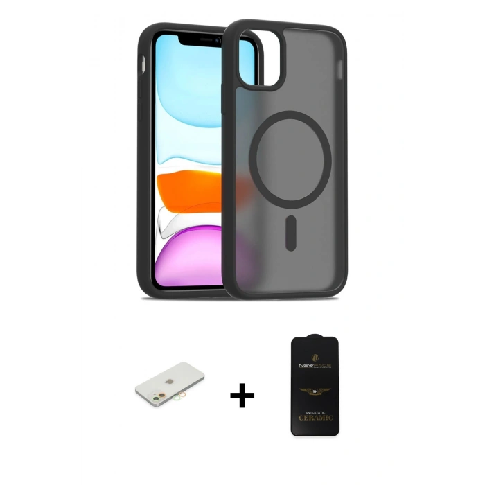 MARSİLYAN™- iPhone 11 Kılıf Siluet Minimal Prime - Siyah 6D Antistatik Mat Seramik Hayalet Nano Ekran Koruyucu + Renkli Kamera Lens Koruma Cam - TU