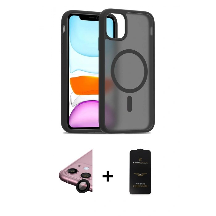 MARSİLYAN™- iPhone 11 Kılıf Siluet Minimal Prime - Siyah 6D Antistatik Mat Seramik Hayalet Nano Ekran Koruyucu + Raze Metal Kamera Lens - SH