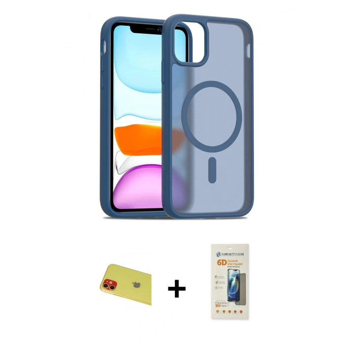 MARSİLYAN™- iPhone 11 Kılıf Siluet Minimal Prime - Siyah 6D Mat Seramik Hayalet Nano Ekran Koruyucu + Rainbow Kamera Lens Koruma Cam - KI