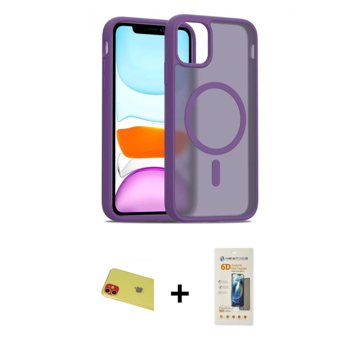 MARSİLYAN™- iPhone 11 Kılıf Siluet Minimal Prime - Siyah 6D Mat Seramik Hayalet Nano Ekran Koruyucu + Rainbow Kamera Lens Koruma Cam - KI