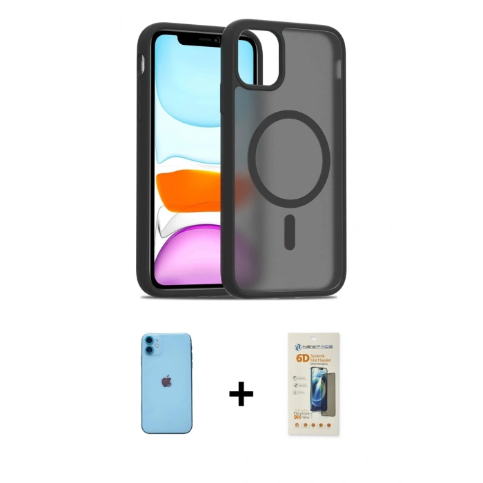 MARSİLYAN™- iPhone 11 Kılıf Siluet Minimal Prime - Siyah 6D Mat Seramik Hayalet Nano Ekran Koruyucu + Neon Fosforlu Kamera Lens - MI
