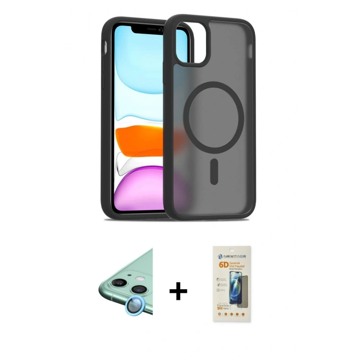 MARSİLYAN™- iPhone 11 Kılıf Siluet Minimal Prime - Siyah 6D Mat Seramik Hayalet Nano Ekran Koruyucu + Raze Metal Kamera Lens - MI